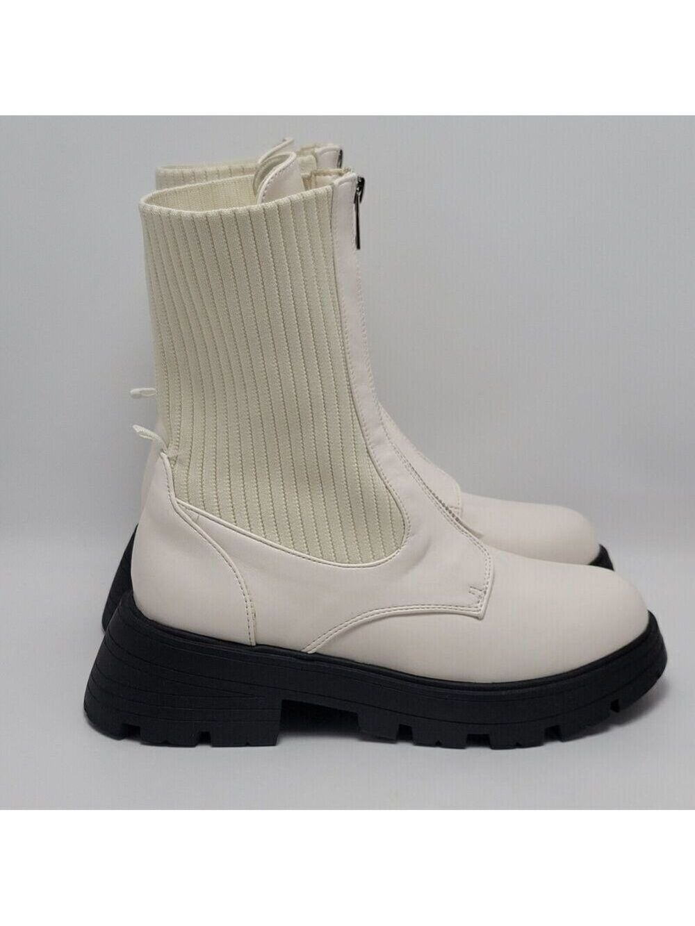 Ego Lucinda Off White Zip Front Knitted Ankle Biker Chunky Lug Sole Boots Size 9